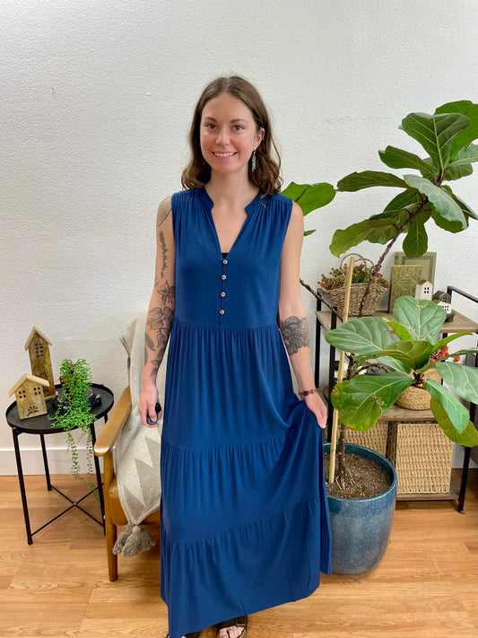 Navy Button Front Tiered Maxi Dress