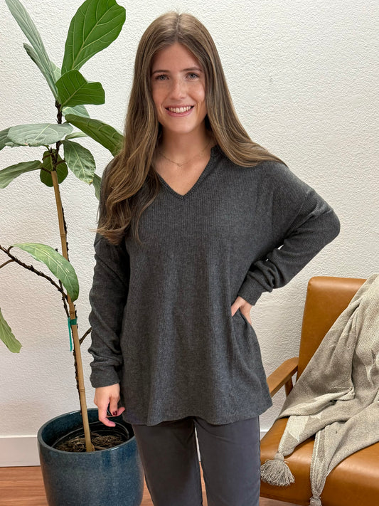 Charcoal Thermal V-Neck Top