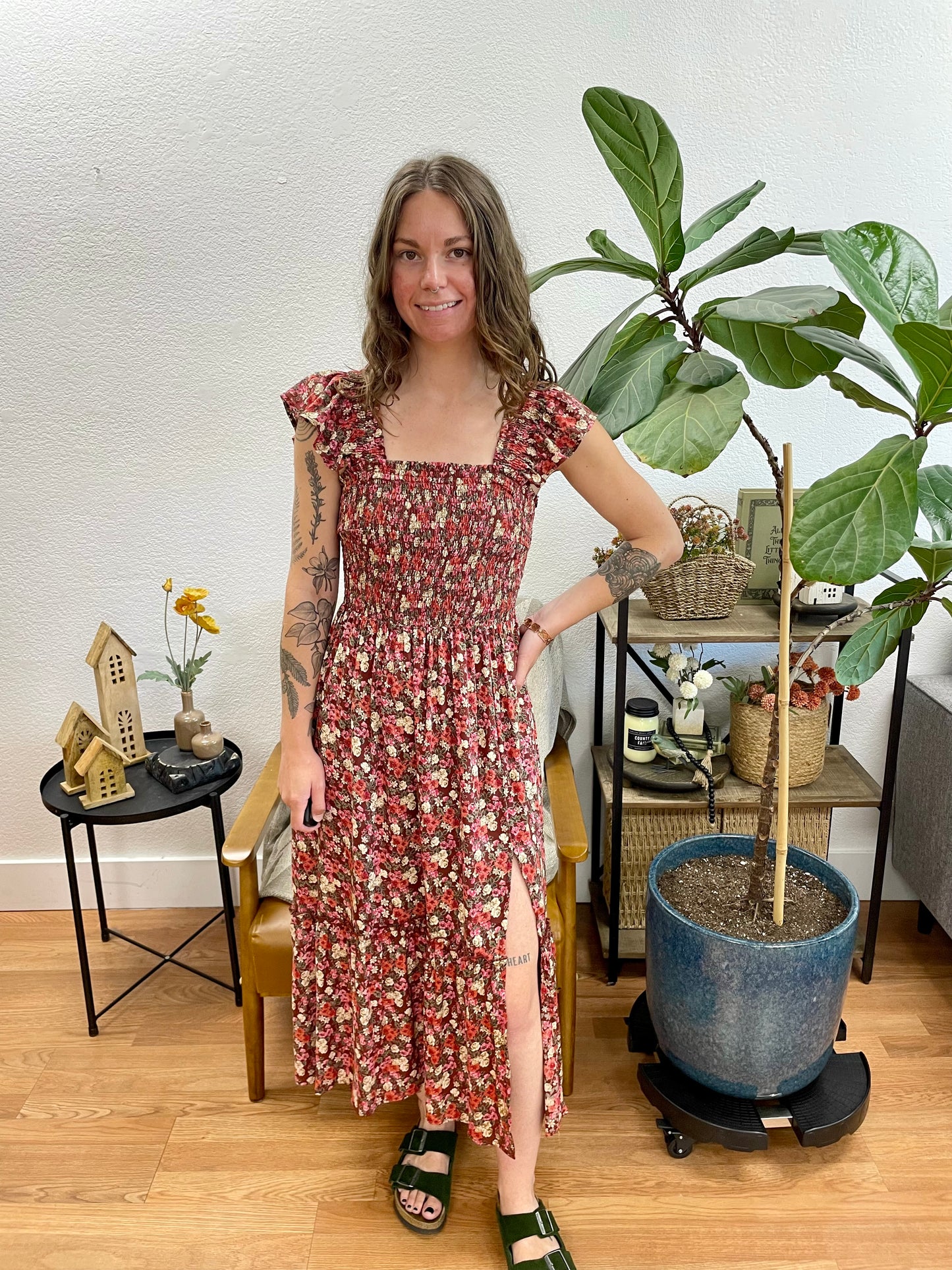 Wine Smocked Bodice Floral Midi Dress
