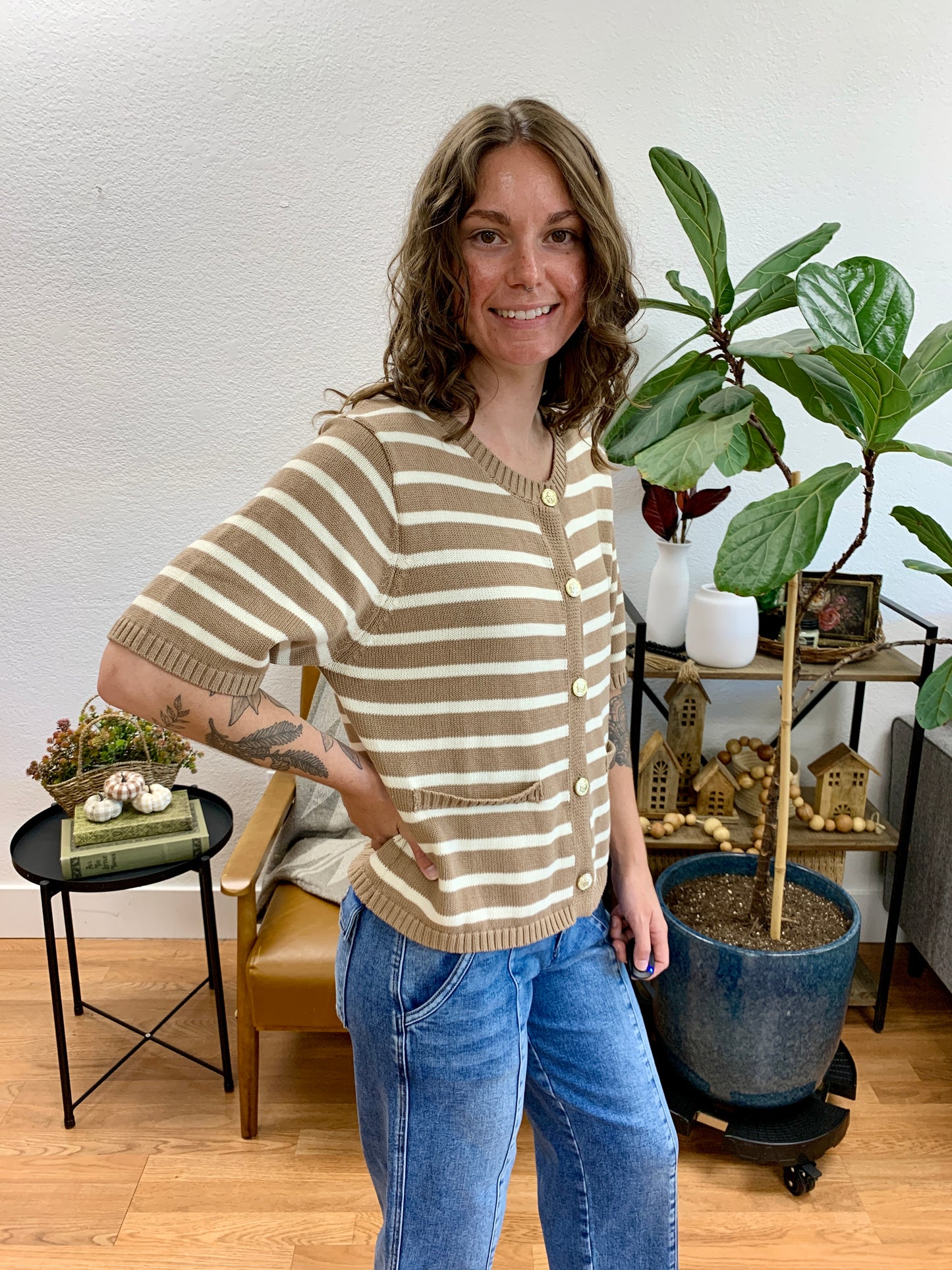 Taupe Button Down Knit Top