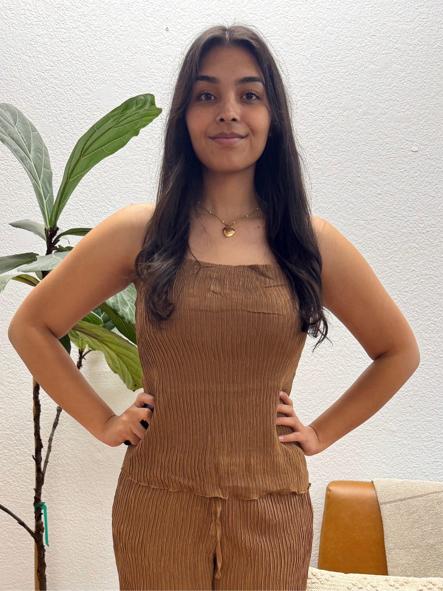 Almond Plisse Lettuce Cami Tank