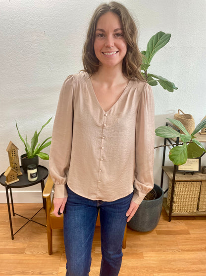 Mocha Textured Satin Button Down Top - Terra Cottage