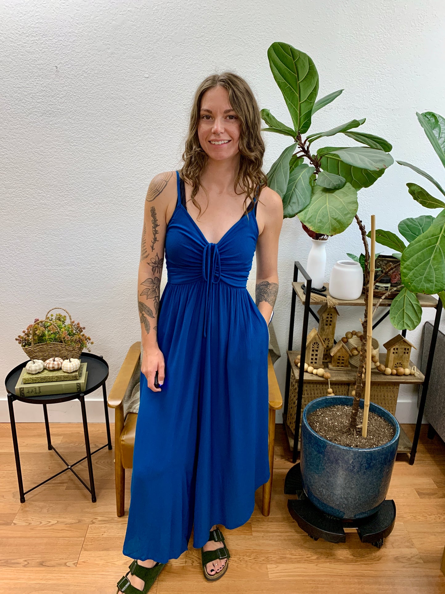 Teal Solid Midi Jumpsuit