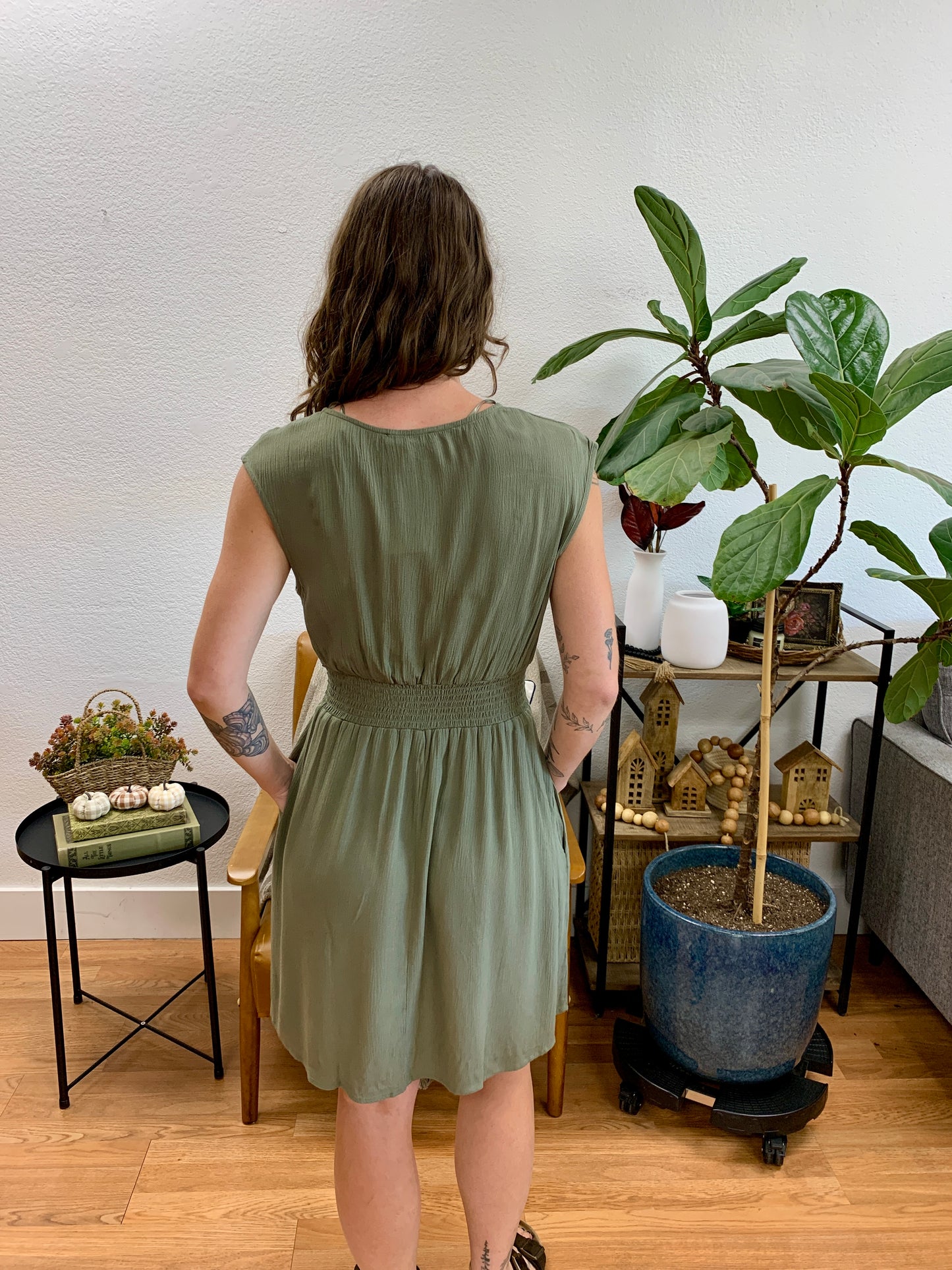 Olive Smocked Middle Dress