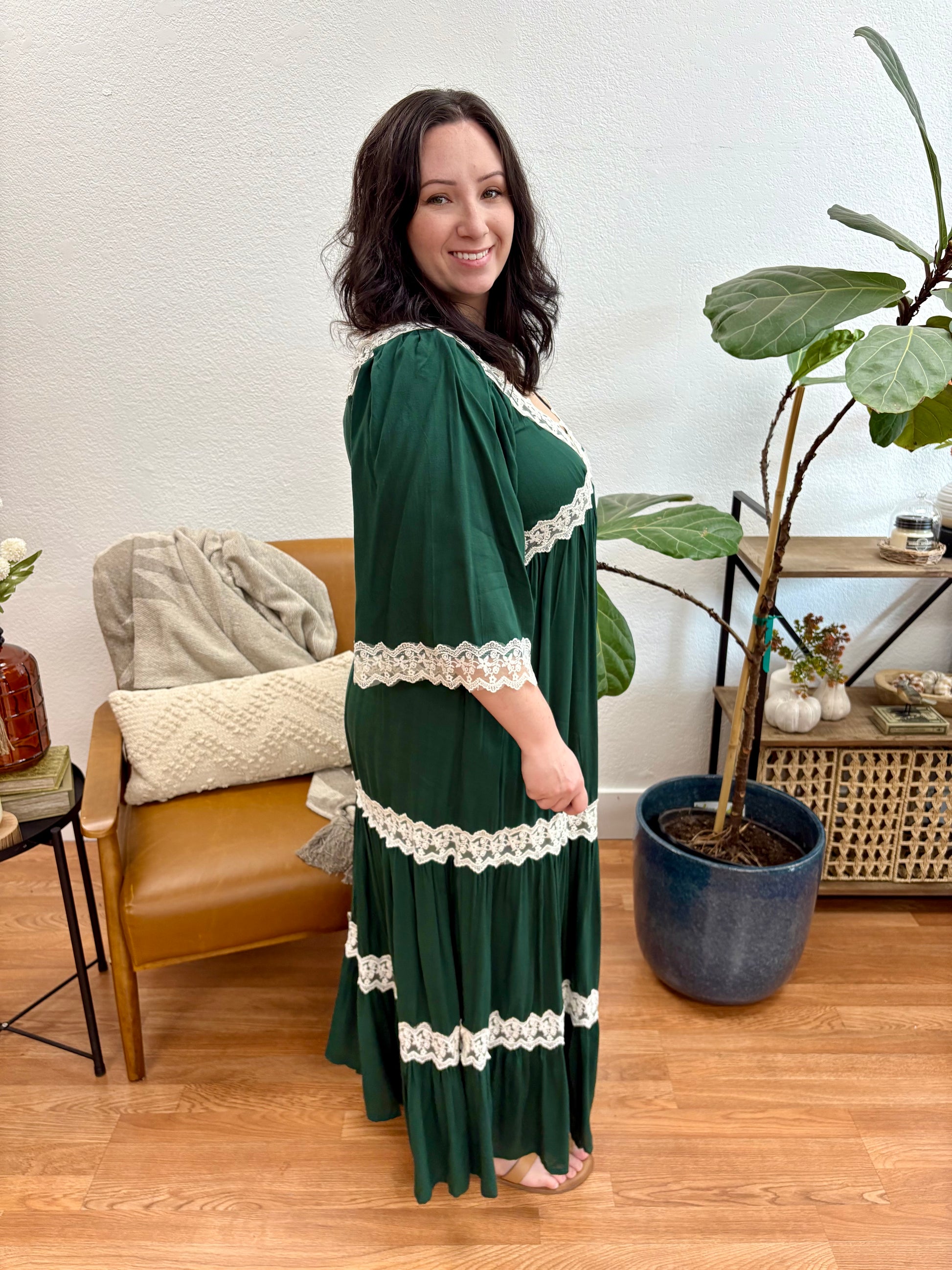 Hunter Green Lace Trim Midi Dress Hunter Green Lace Trim Midi Dress