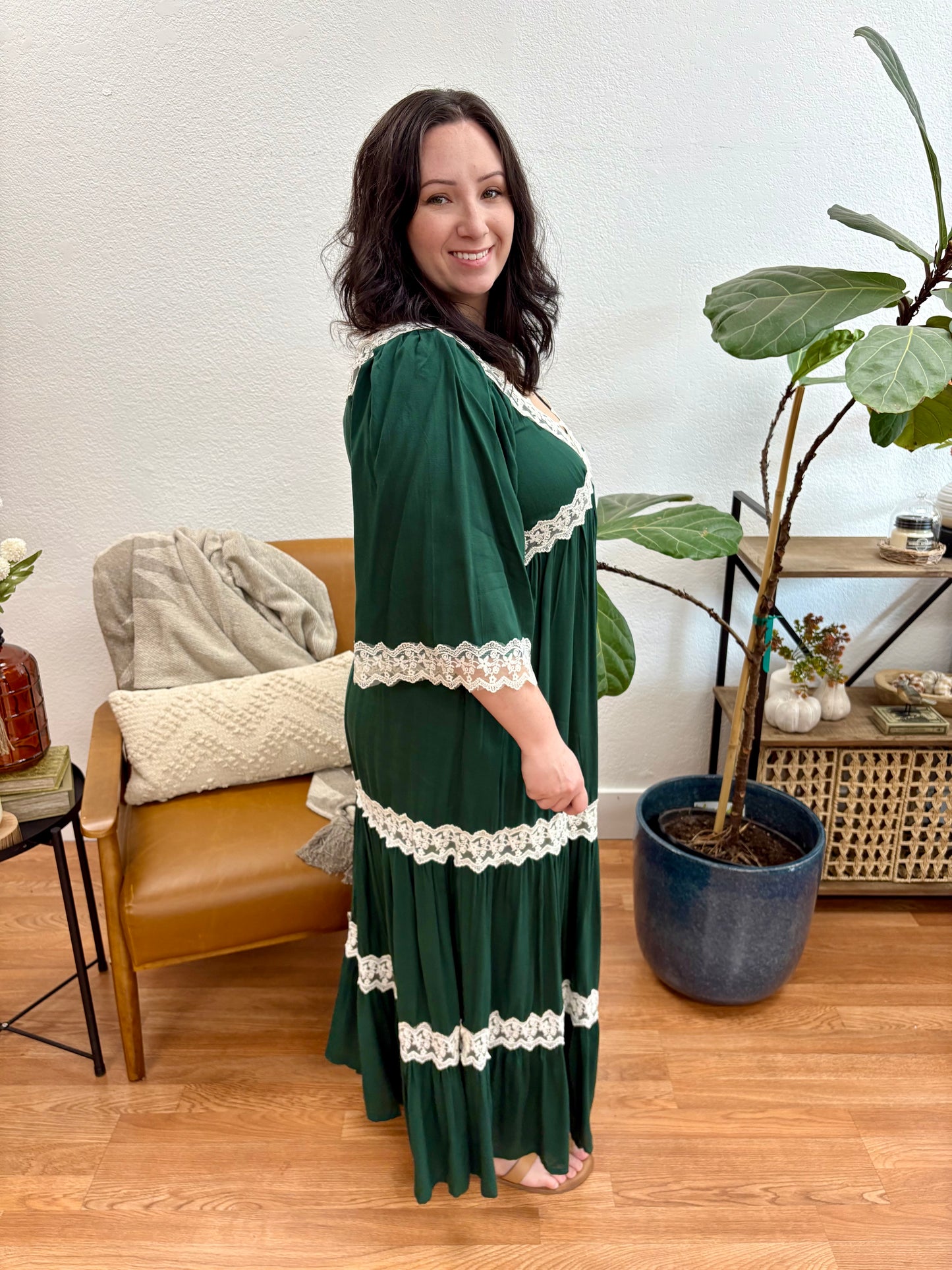 Hunter Green Lace Trim Midi Dress