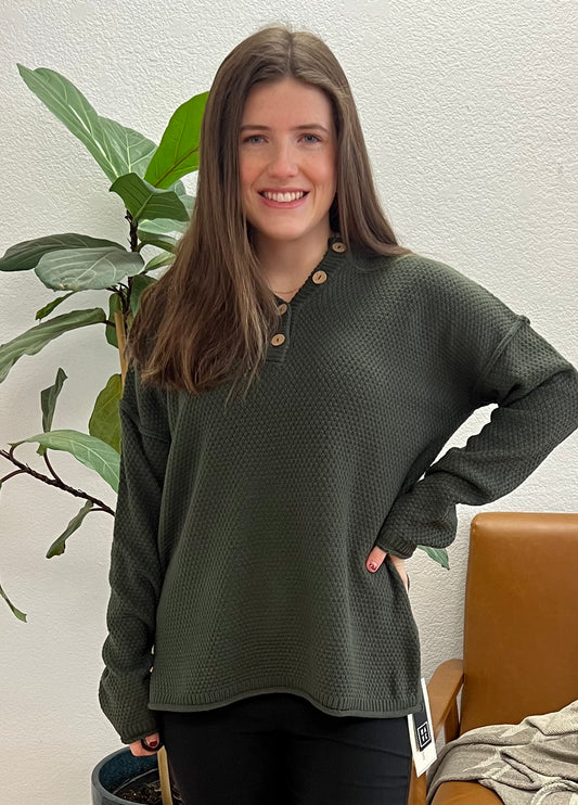 Olive Knit Henley Sweater