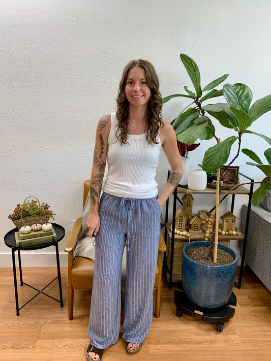 Navy Striped Wide Leg Pants