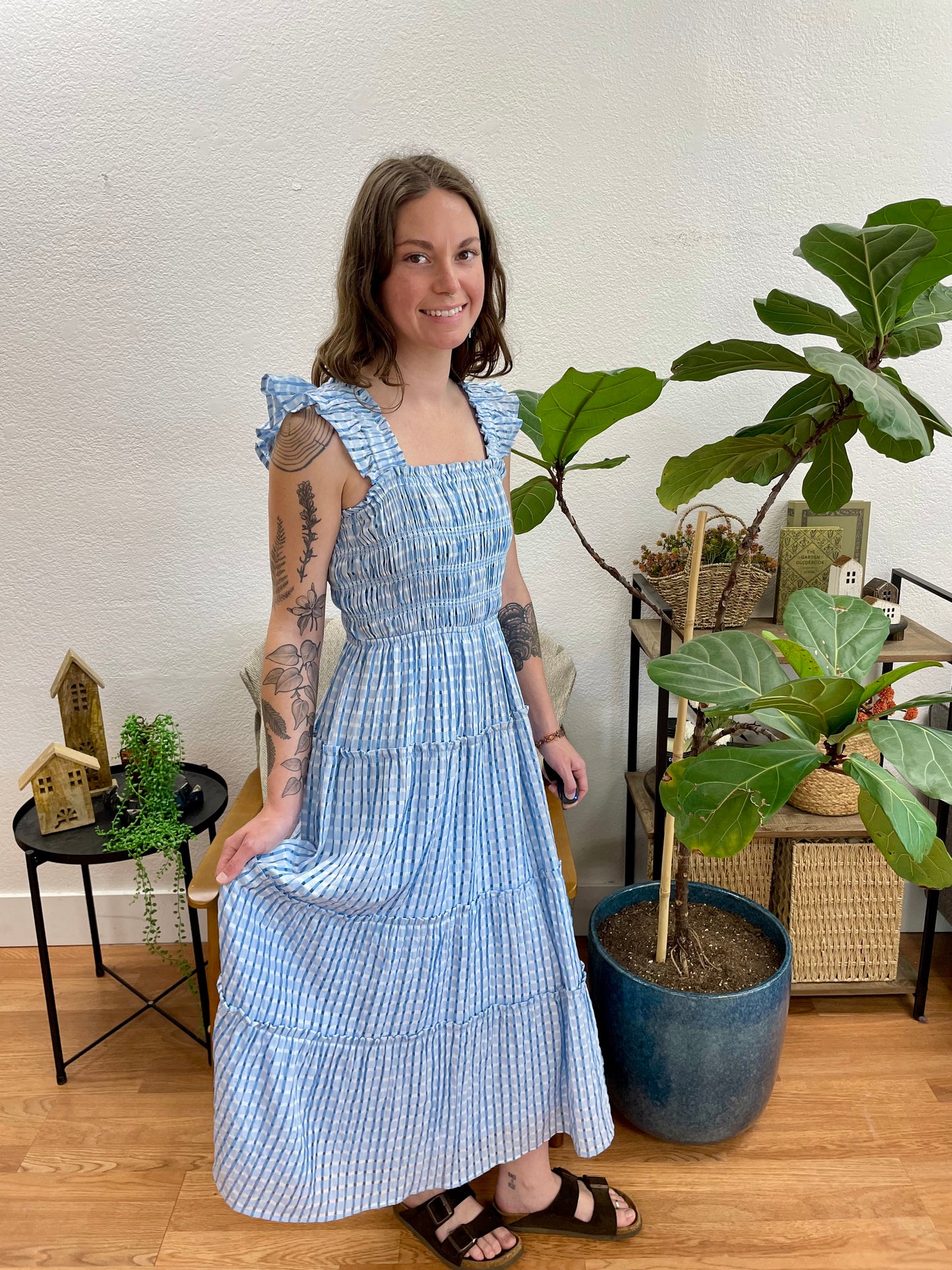 Blue Gingham Smocked Tiered Maxi Dress