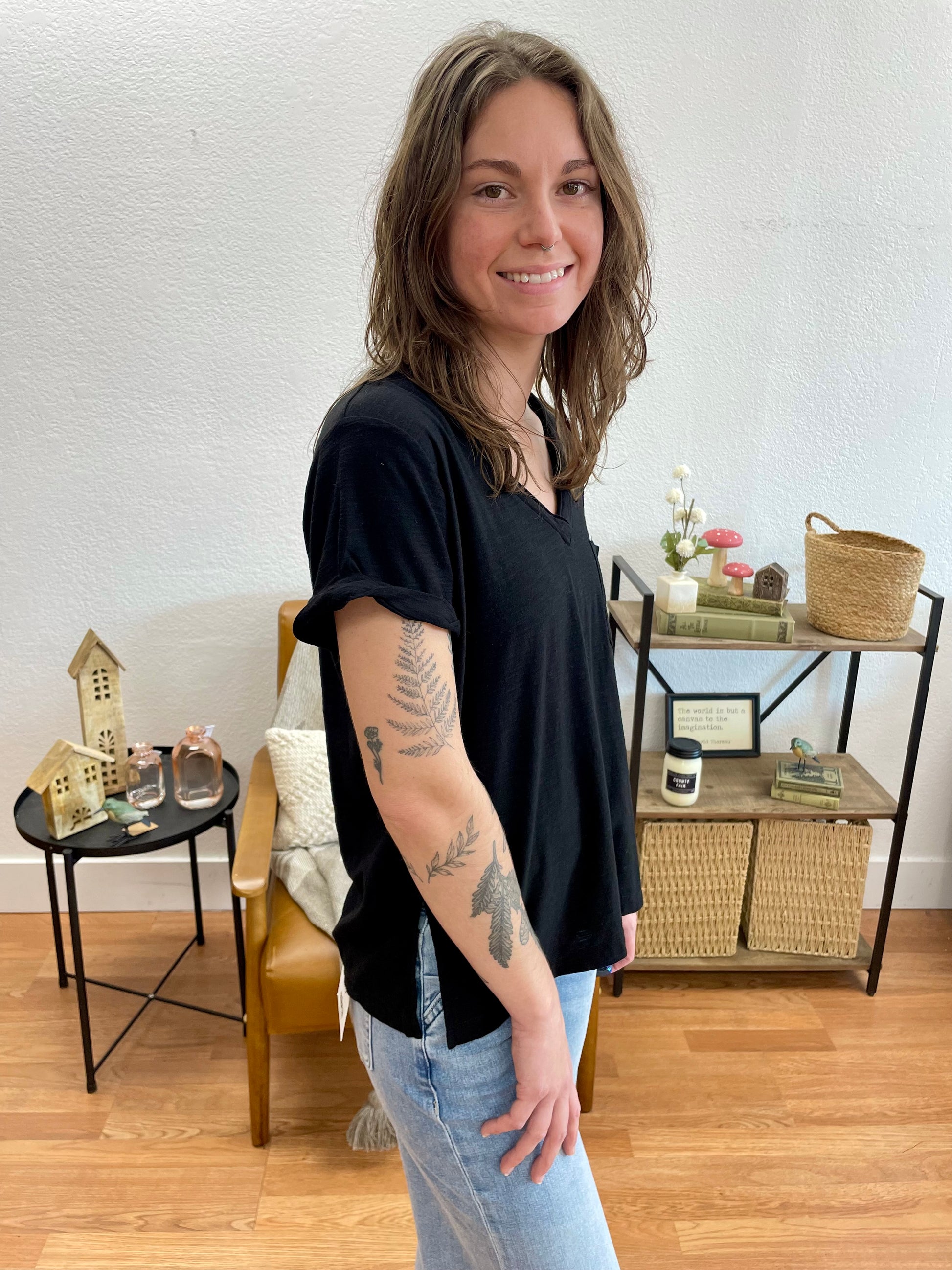 Black V Neck Slub Tee - Terra Cottage