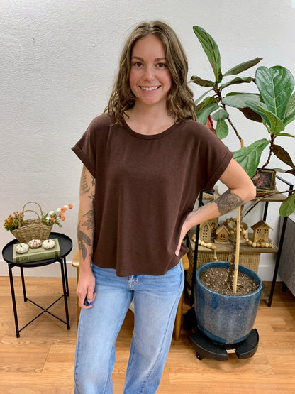 Chocolate Relaxed Top With Cuff Sleeves