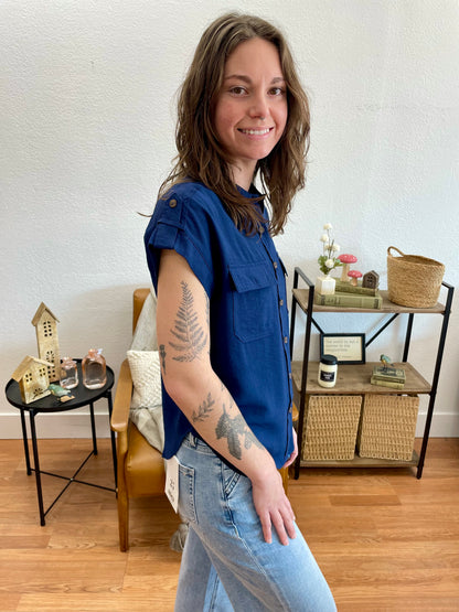 Navy Collared Tab Sleeve Top