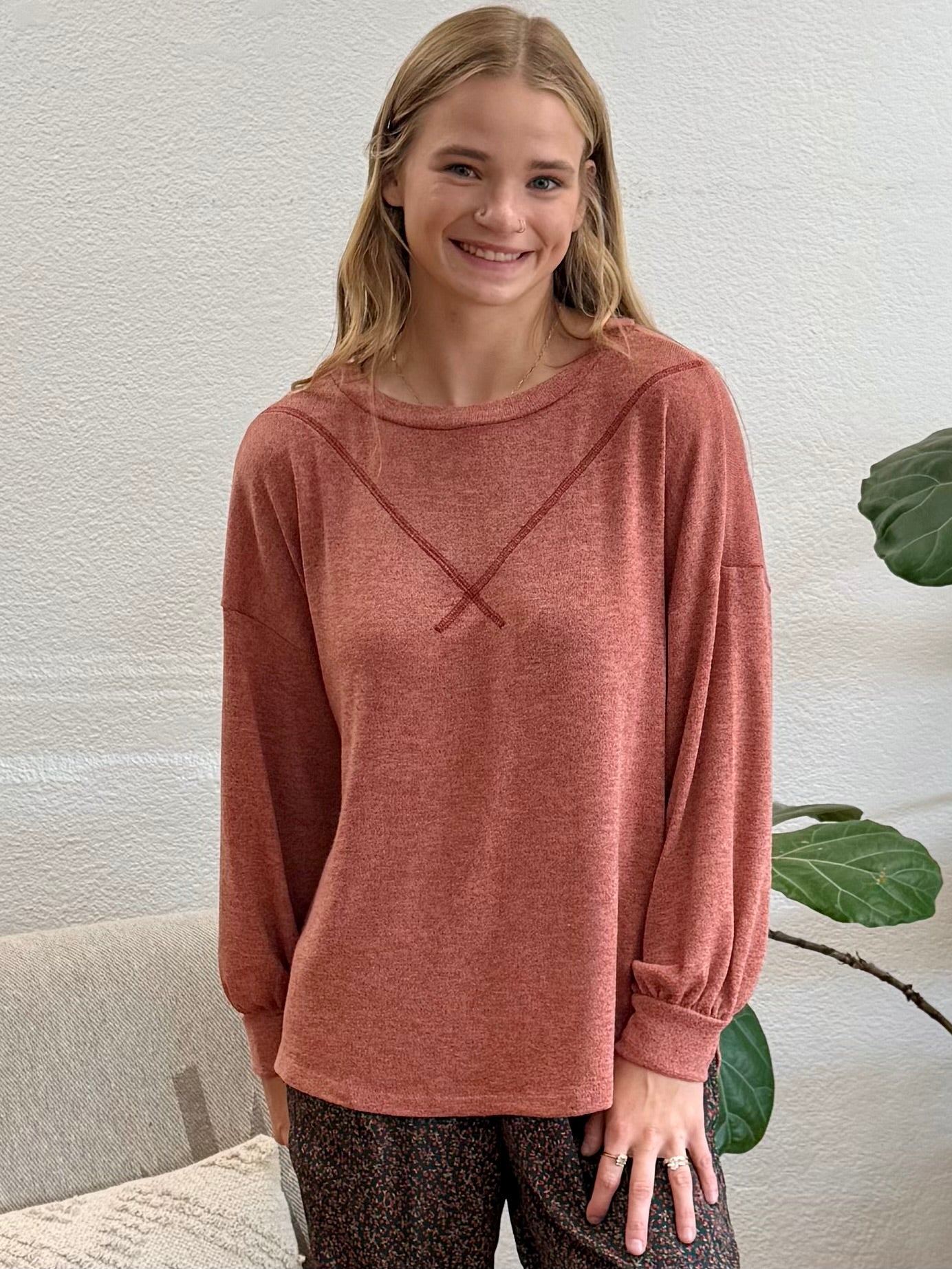 Dark Coral Stitch Hacci Knit Top