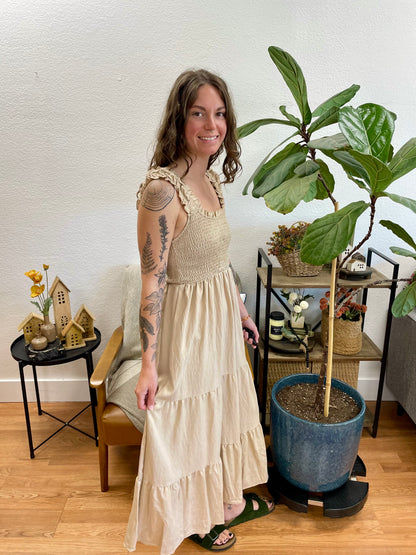Natural Smocked Tiered Ruffle Strap Dress