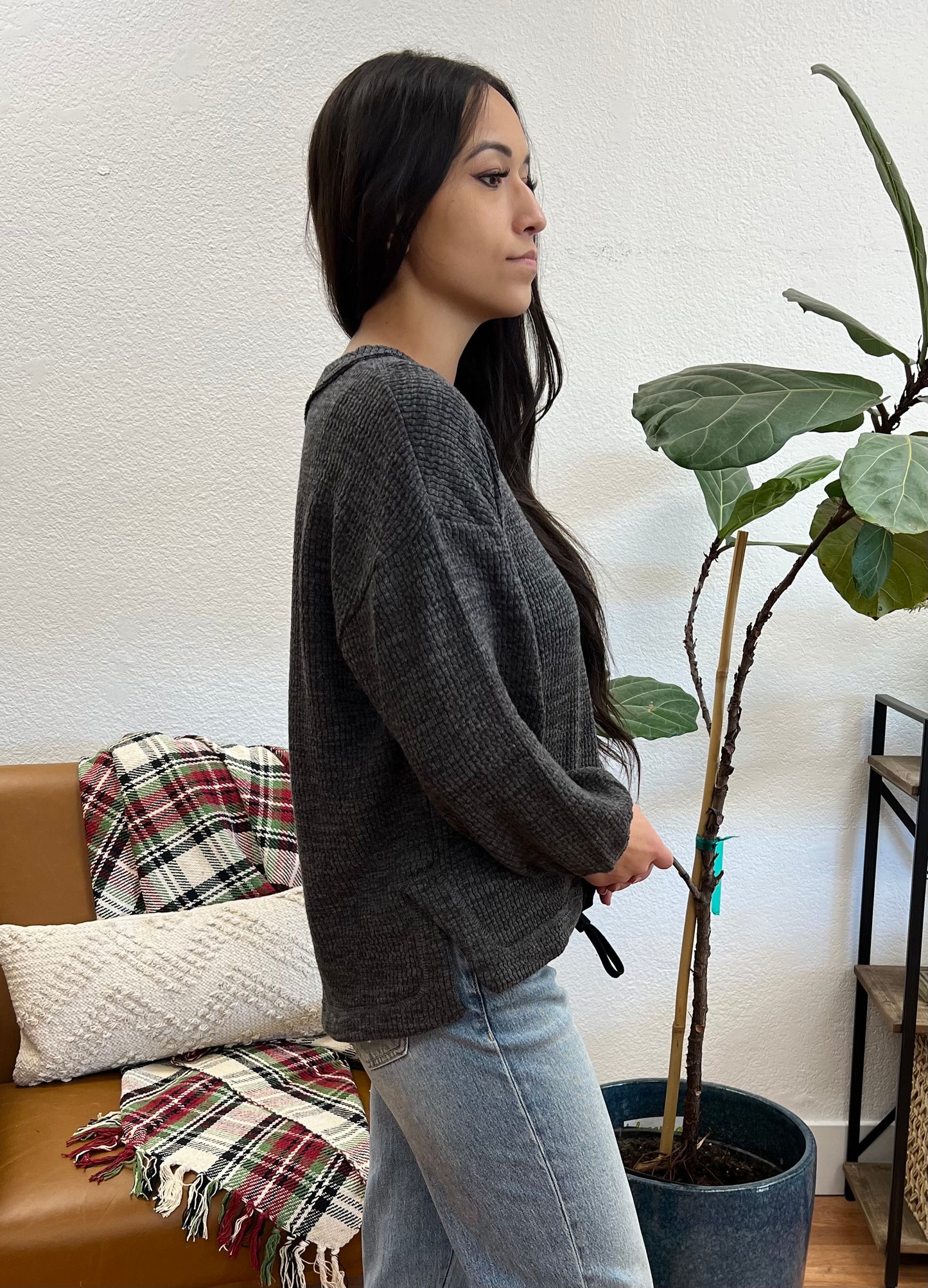 Charcoal Ribbed Pocket Pullover