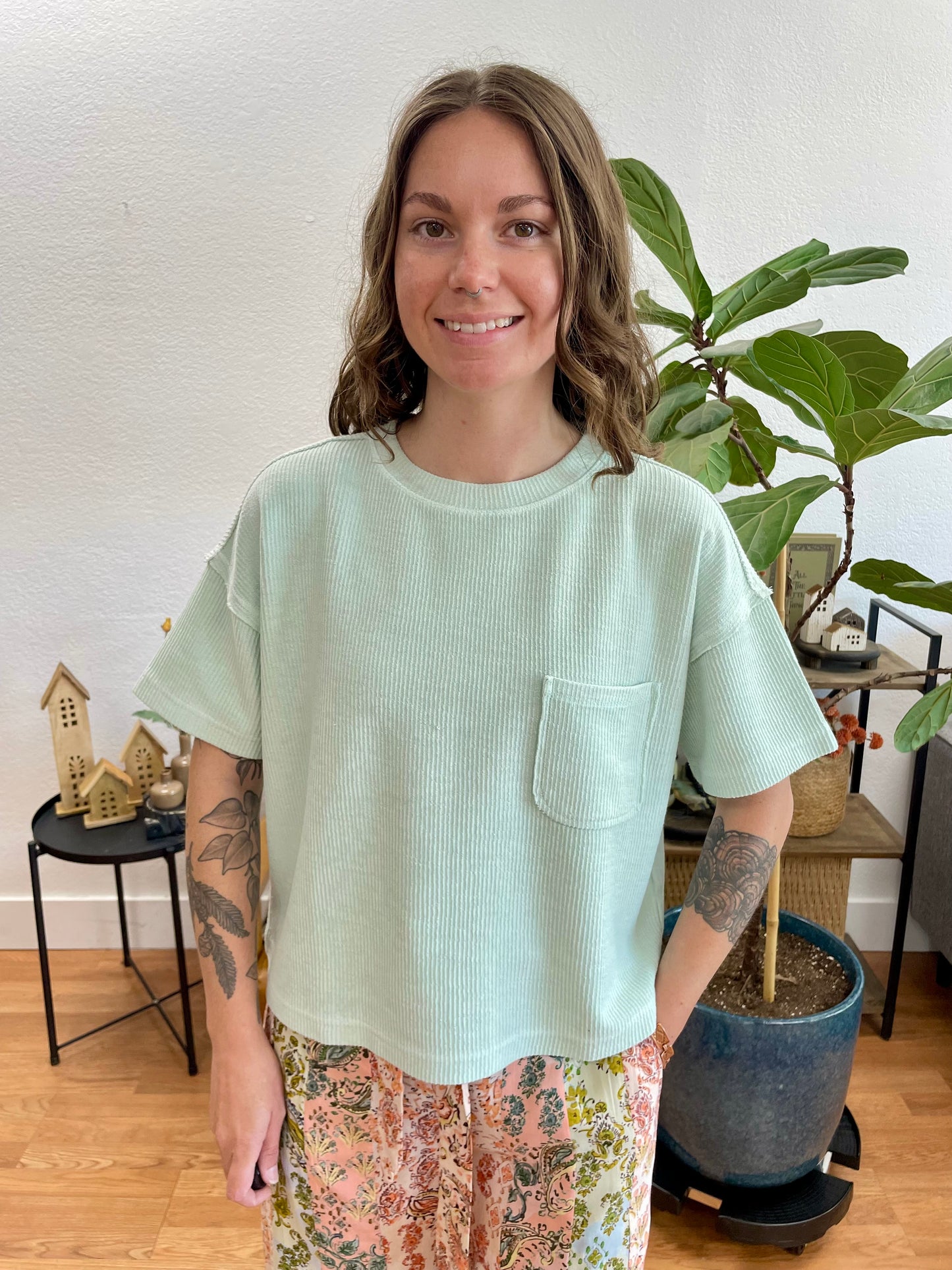 Mint Ribbed Pocket Knit Tee