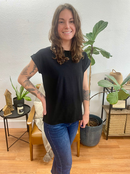 Black Rolled Sleeve Slub Tee - Terra Cottage