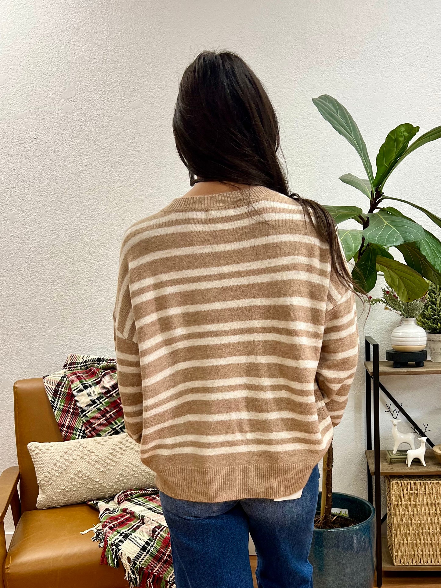 Taupe Front Seam Striped Sweater