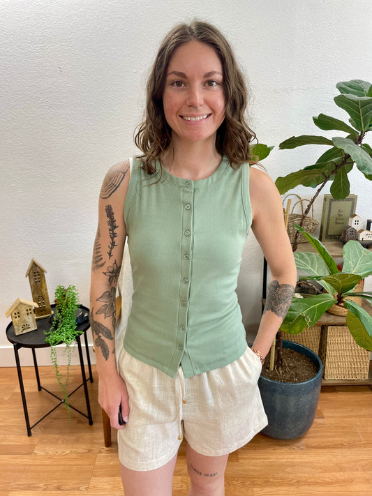 Sage Ribbed Button Up Tank