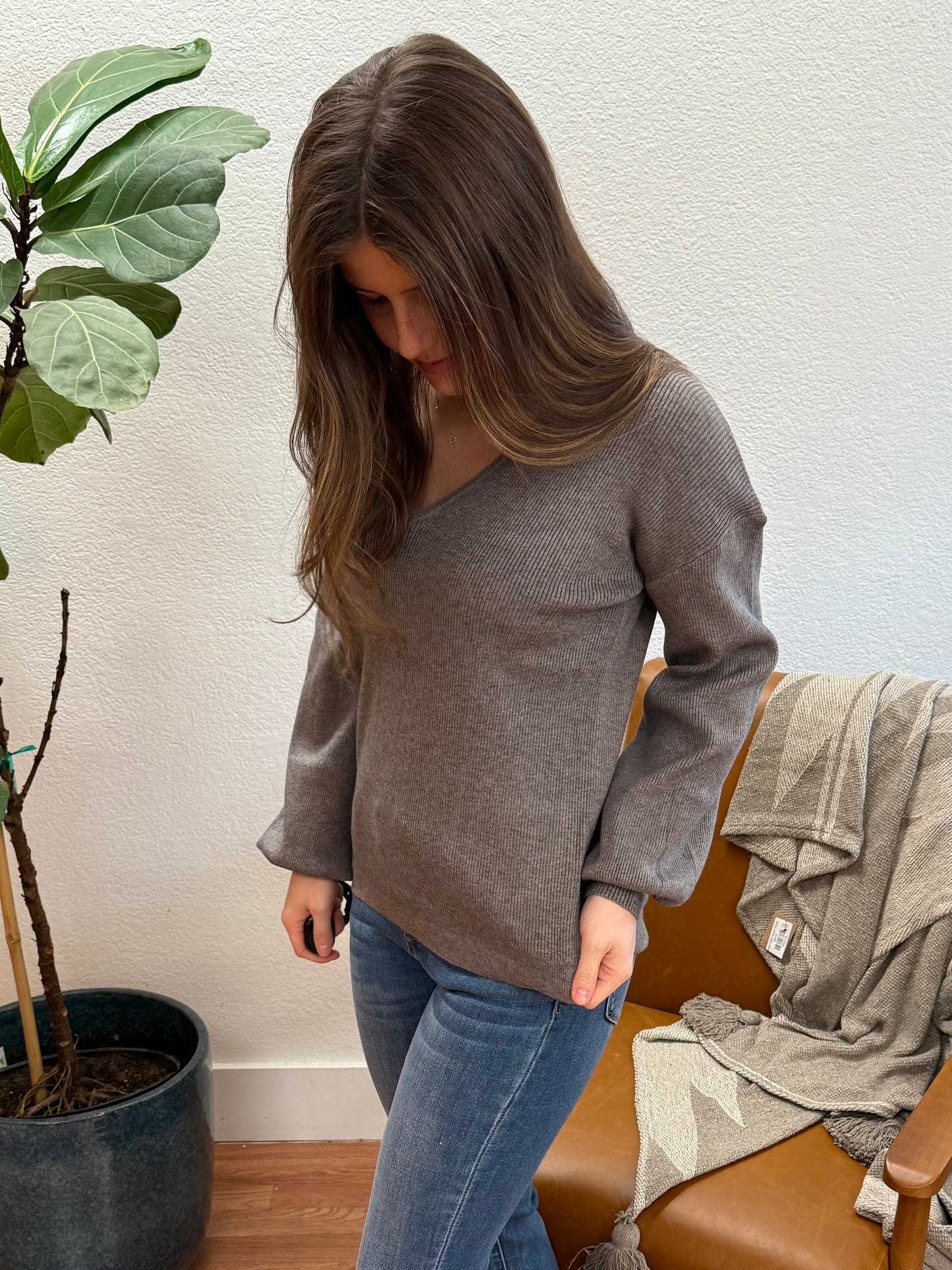 Grey Balloon Sleeve V Neck Sweater