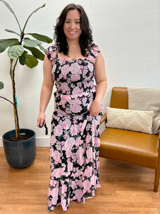 Black Pink Floral Tiered Maxi Skirt