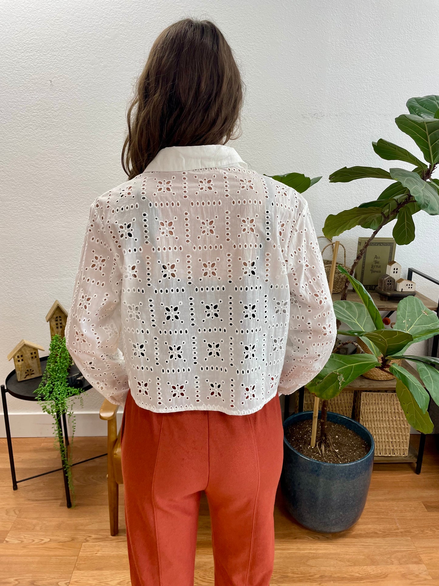 Off White Eyelet Cropped Button Front