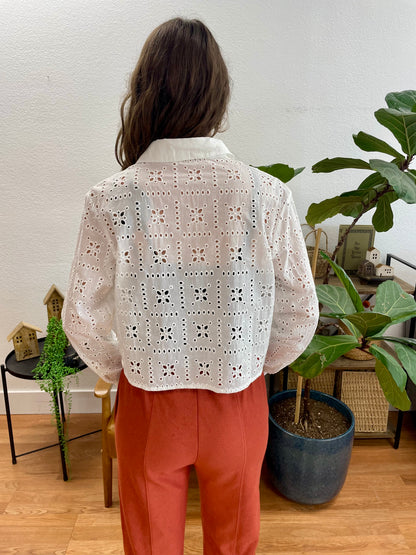 Off White Eyelet Cropped Button Front