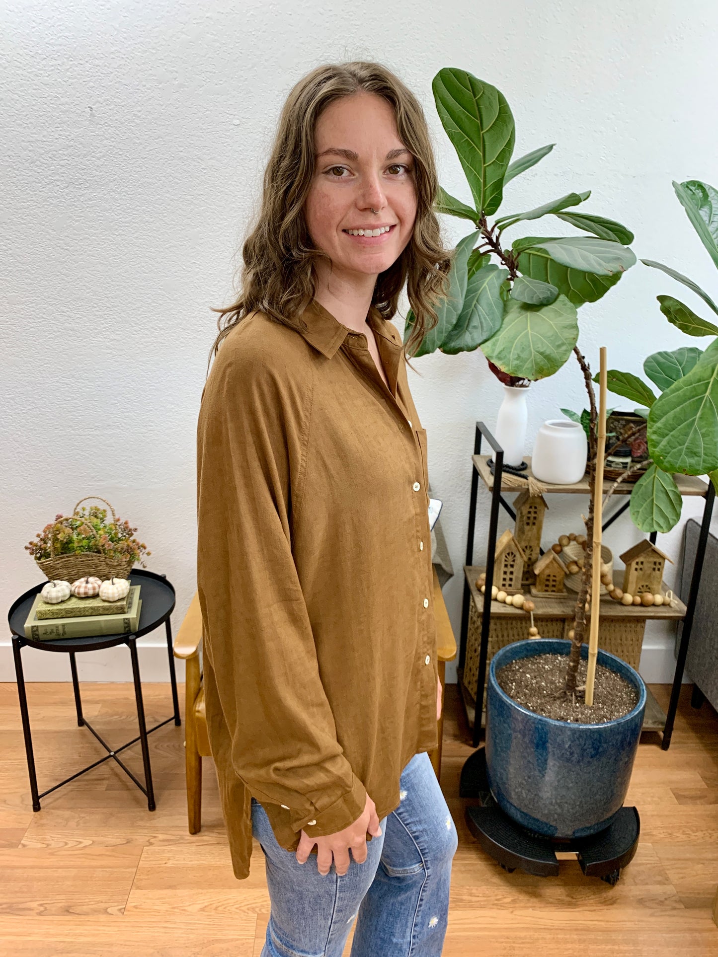 Brown Linen Blend Raglan Button Up