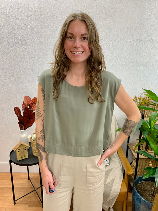 Olive Woven Boxy Top