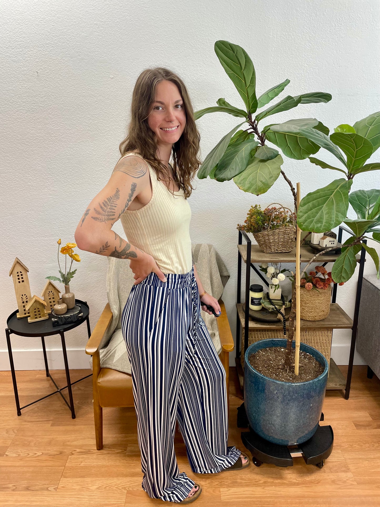 Navy Striped Drawstring Pants