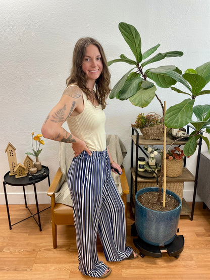 Navy Striped Drawstring Pants