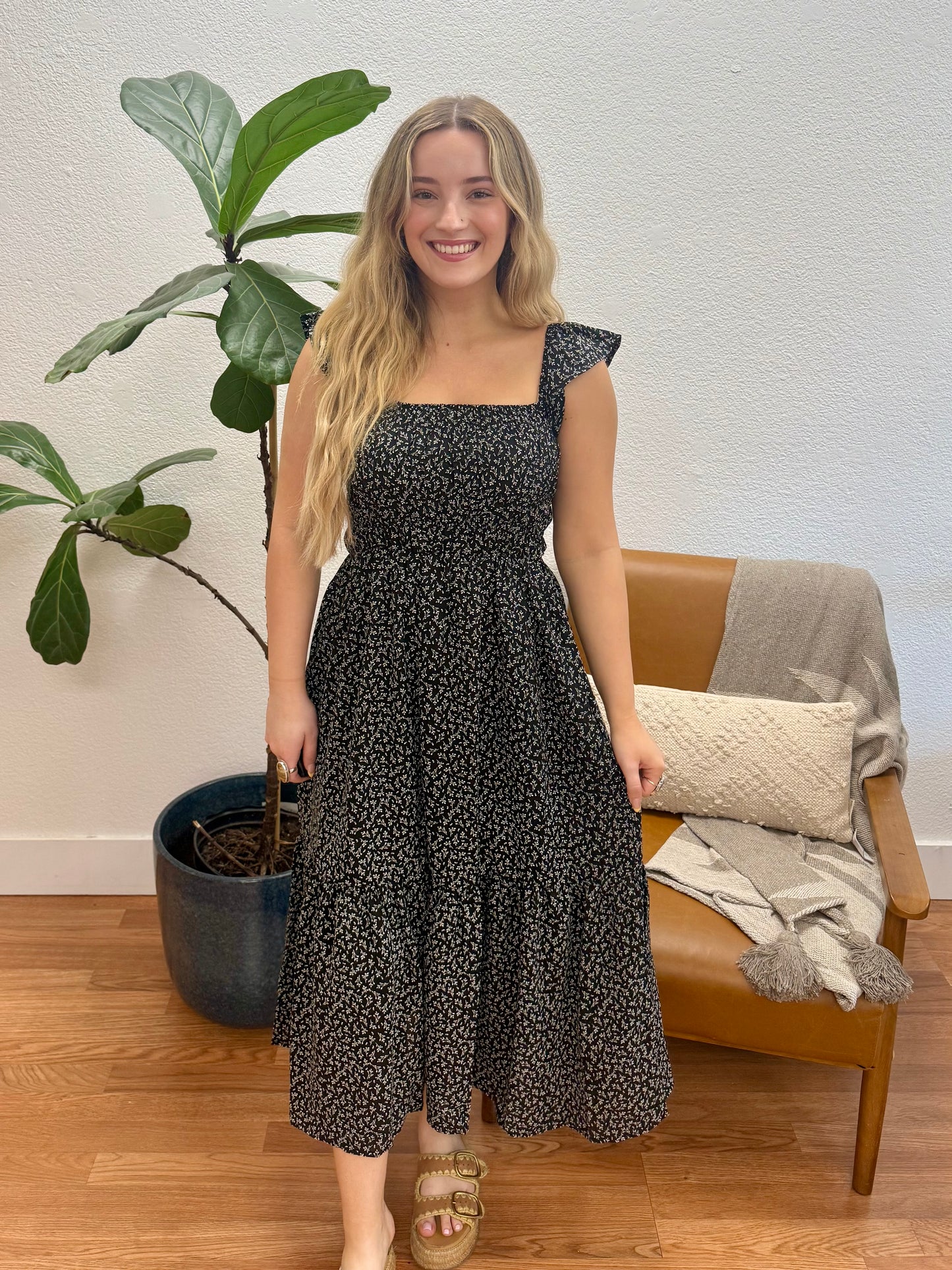 Black Ruffle Sleeve Smock Dress