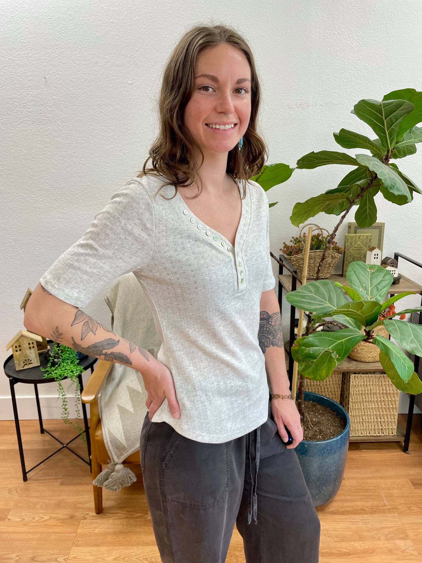 Grey Pointelle Henley Top
