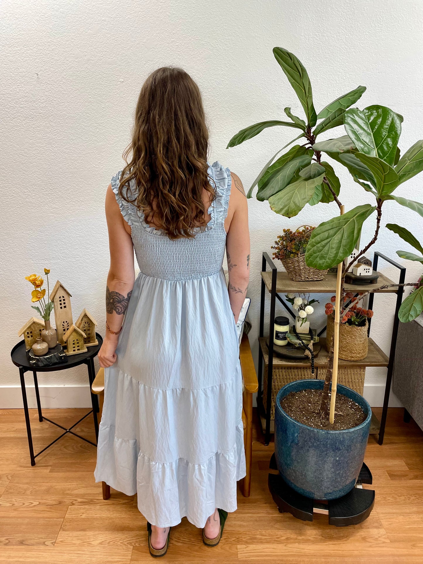 Sky Blue Smocked Tiered Ruffle Strap Dress