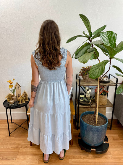 Sky Blue Smocked Tiered Ruffle Strap Dress