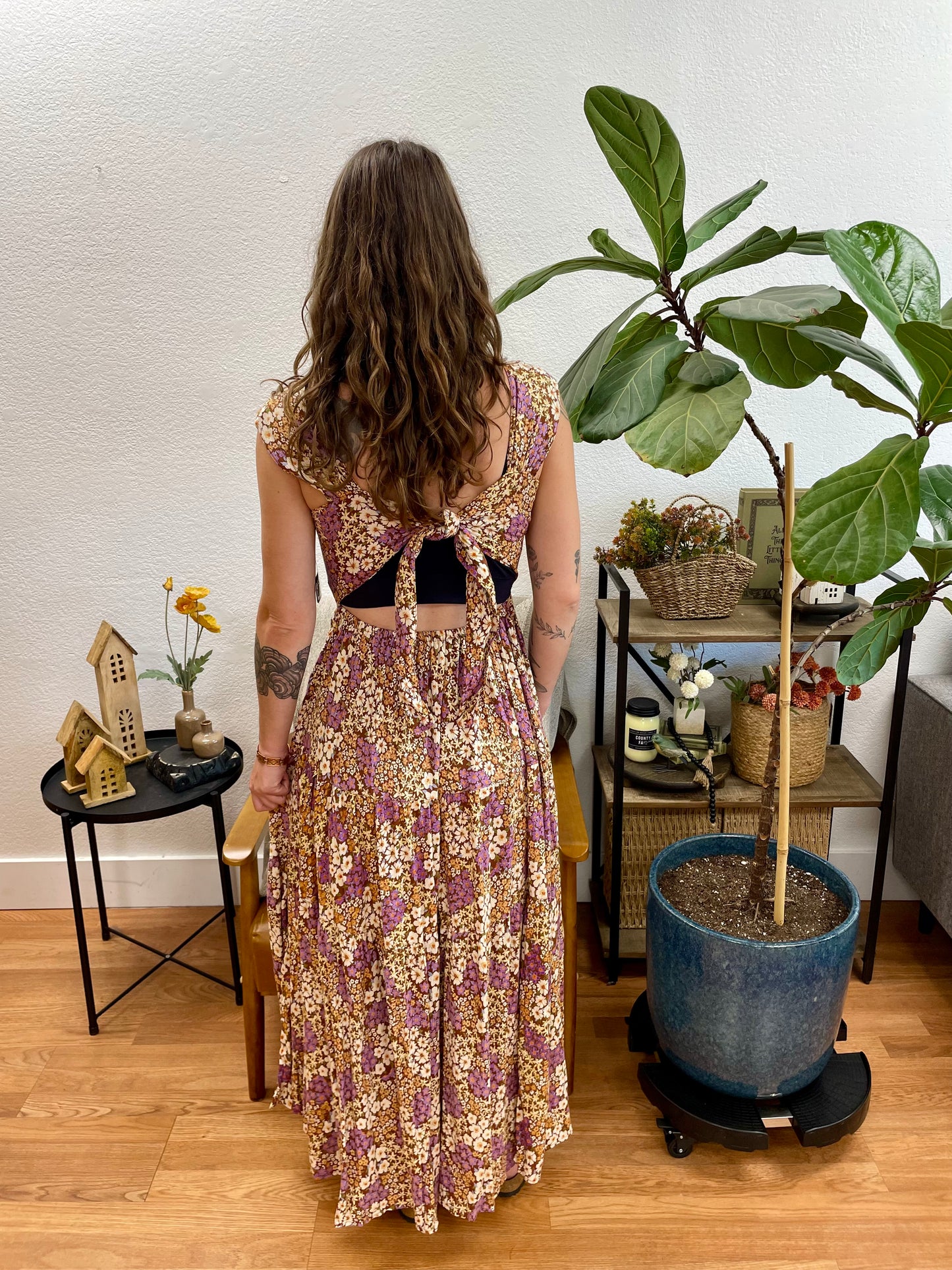 Brown Floral Scoop Neck Maxi Dress
