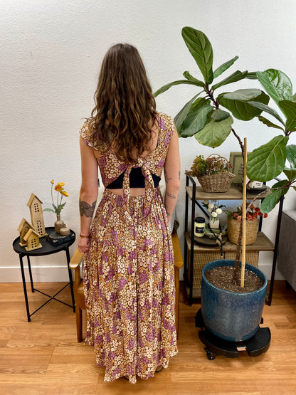 Brown Floral Scoop Neck Maxi Dress