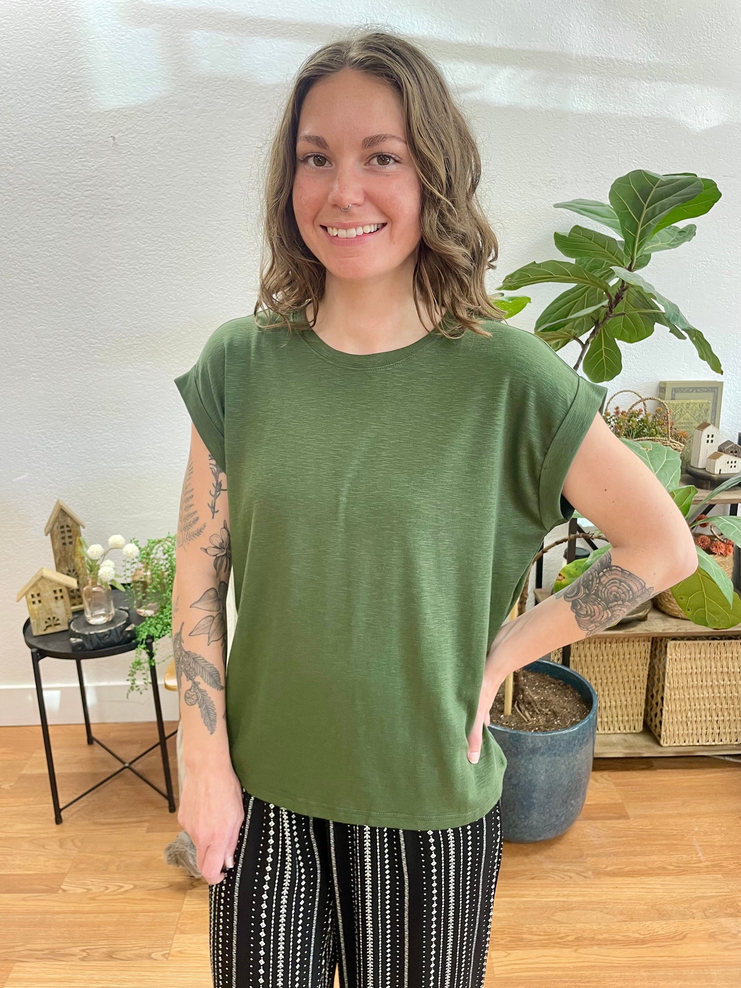 Army Green Modal Rolled Sleeve Tee