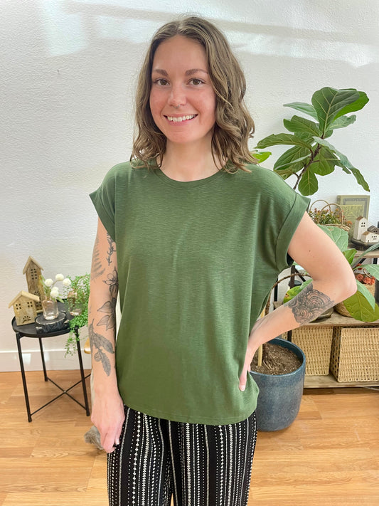 Army Green Modal Rolled Sleeve Tee