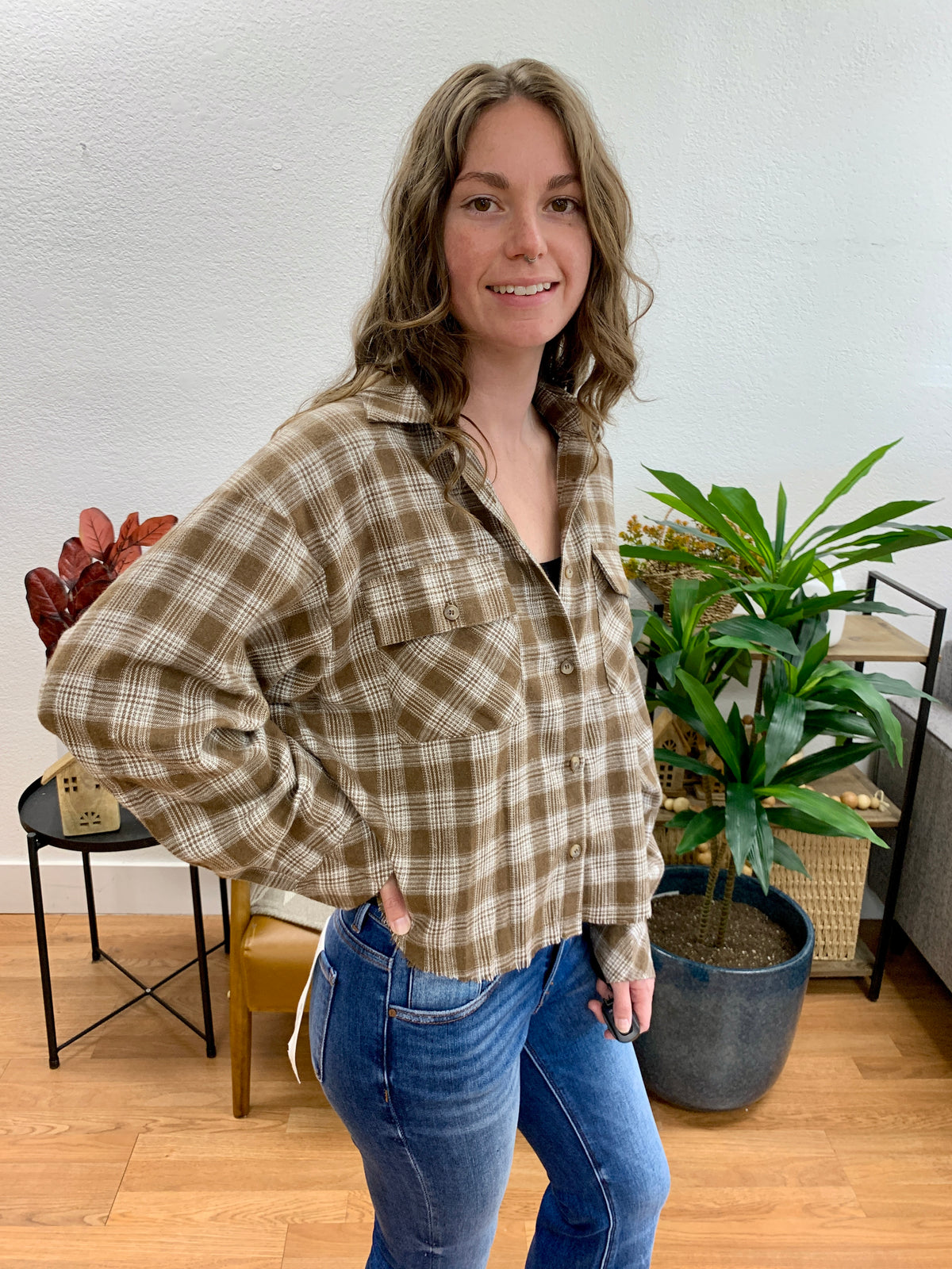 Mocha Cropped Plaid Shirt