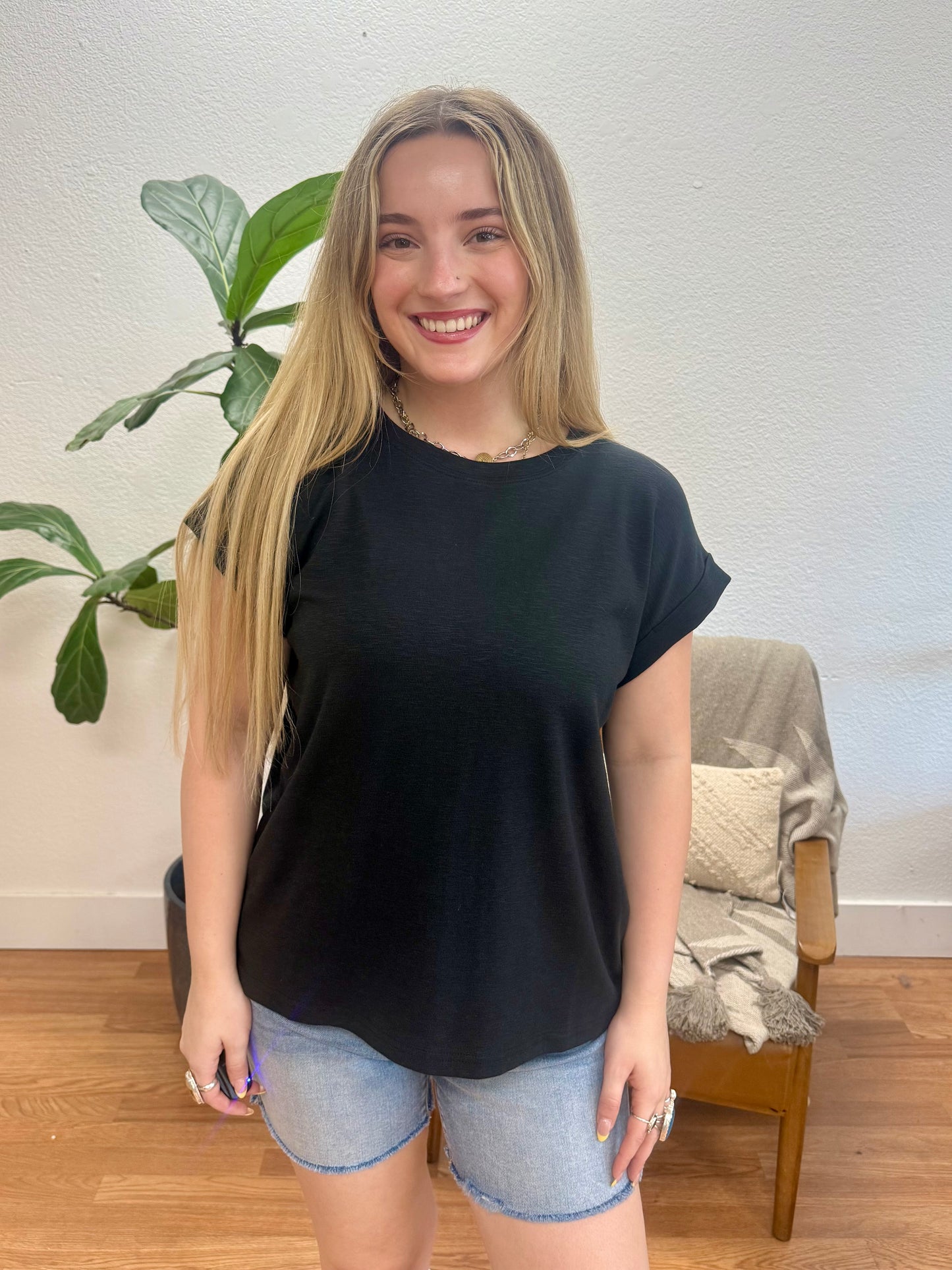 Black Modal Rolled Sleeve Tee