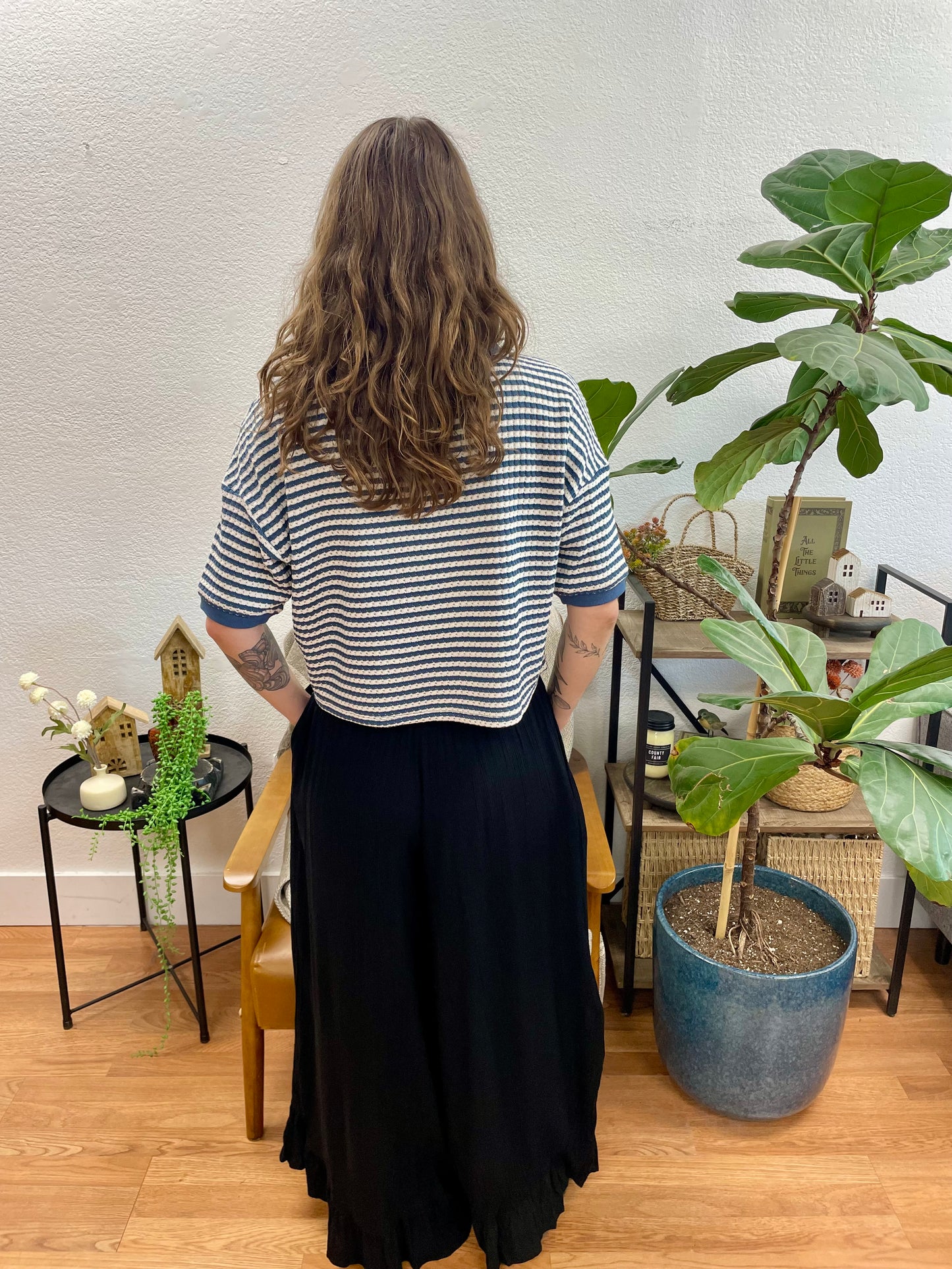 Black Ruffle Hem Drawstring Pants