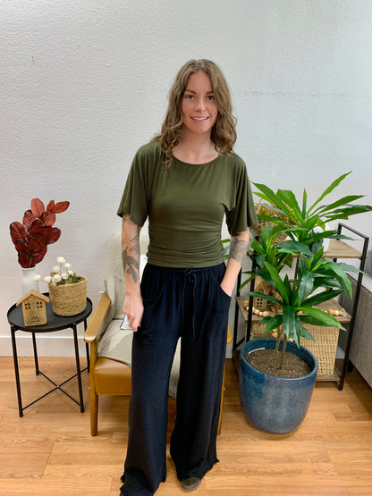 Black Frayed Linen Blend Pants