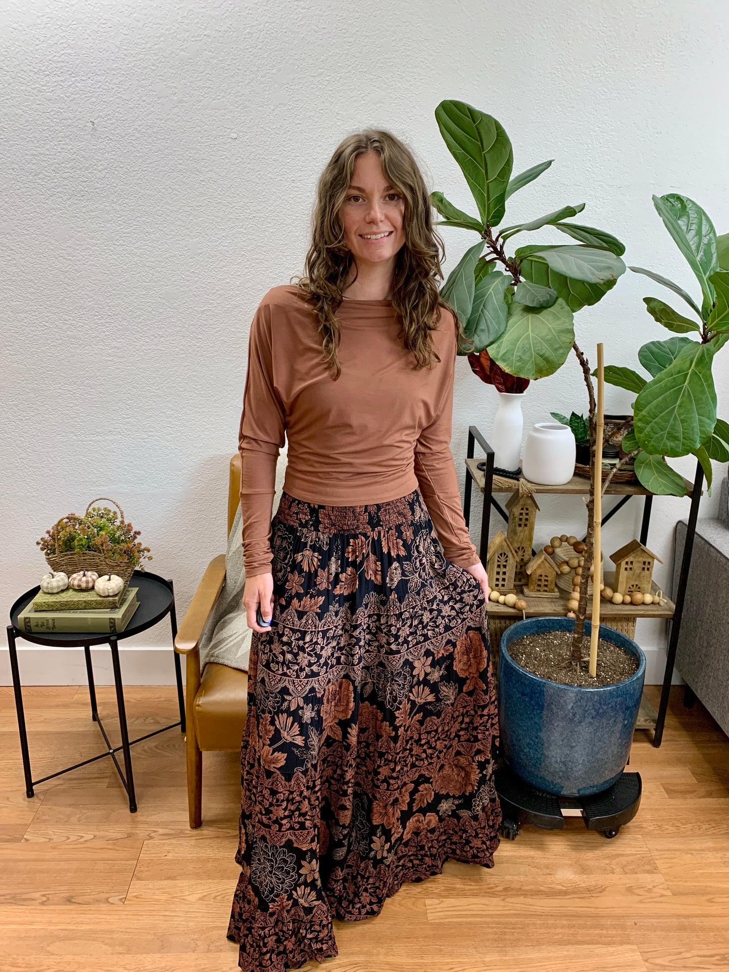 Black Smock Waist Tiered Skirt