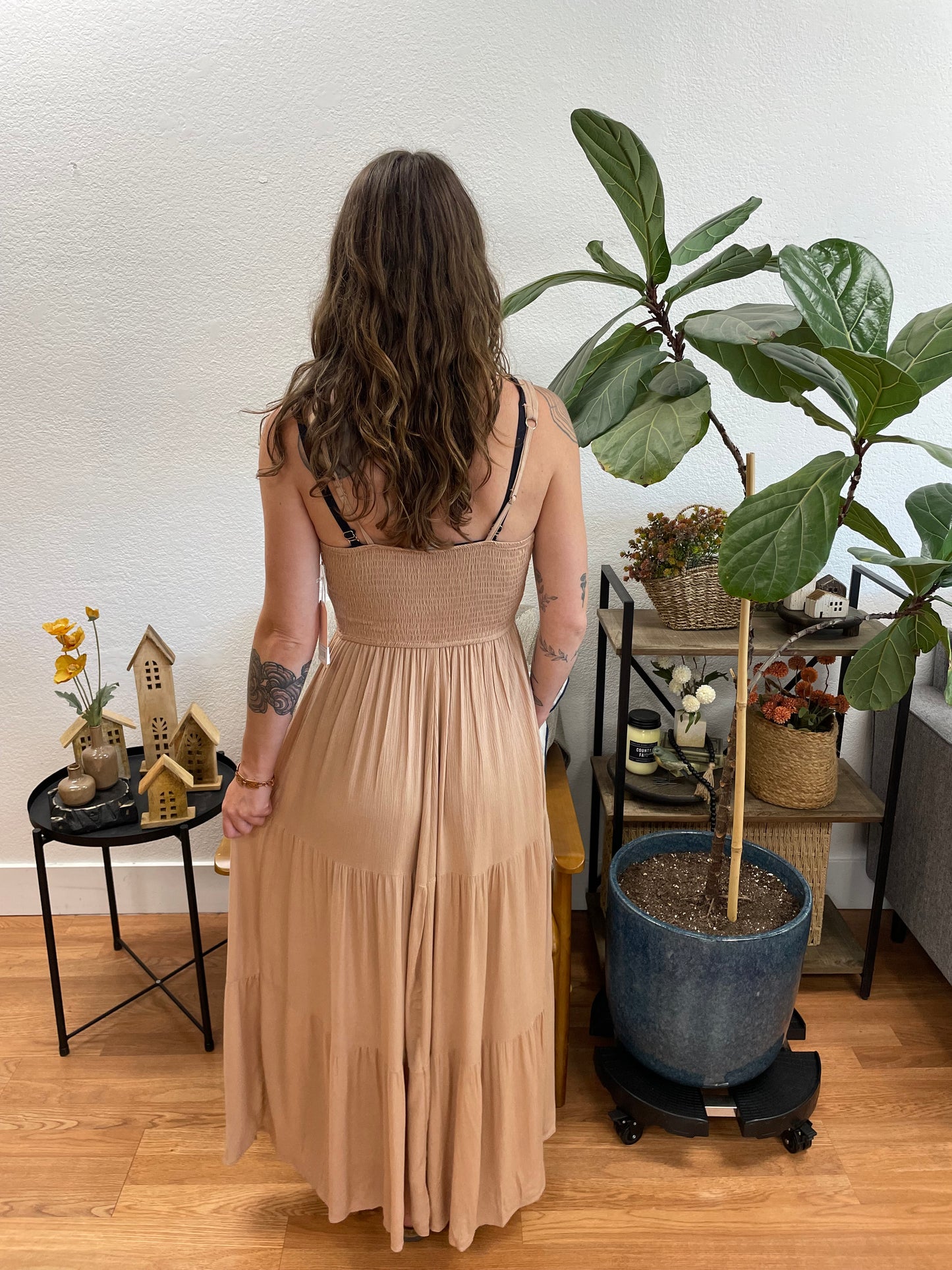 Taupe Tie Front Shirred Maxi Dress