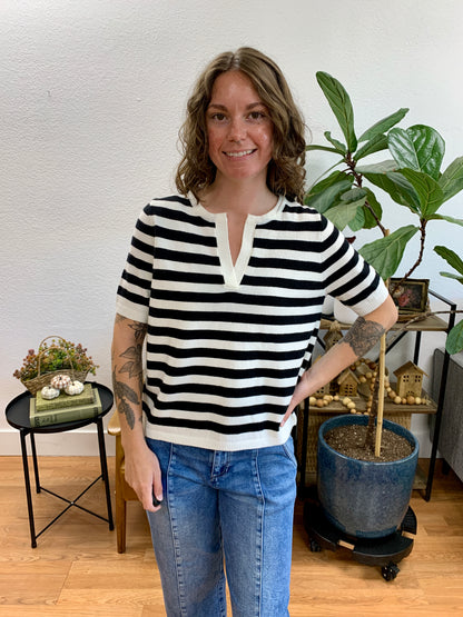 Black Stripe Split Neck Knit Top