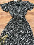 Surplice Black Floral Midi Dress