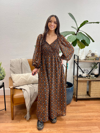 Dark Navy Floral Puff Sleeve Maxi Dress