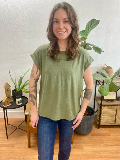 Olive Rolled Sleeve Slub Tee - Terra Cottage