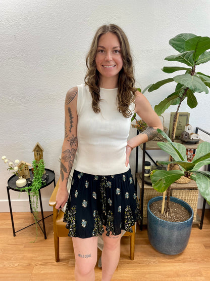 Black Printed Godet Shorts